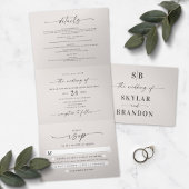 Minimalistisch gebroken wit alles in één bruiloft  drieluik uitnodiging