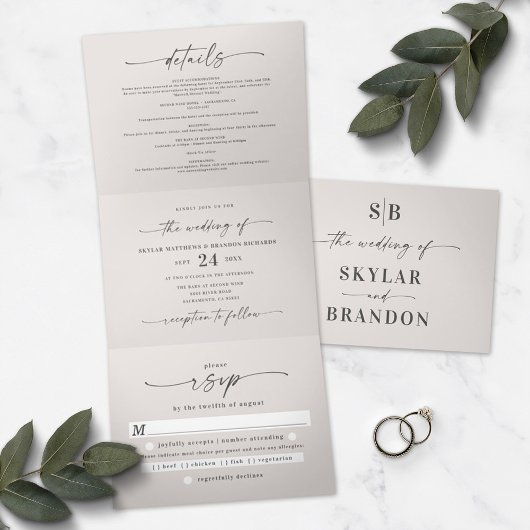 Minimalistisch gebroken wit alles in één bruiloft drieluik uitnodiging