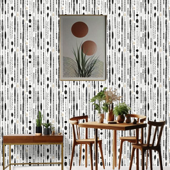 Minimalistisch geometrisch zwart wit ivoor Abstrac Behang (Boho Minimalist Black White Ivory Abstract Art Wallpaper)