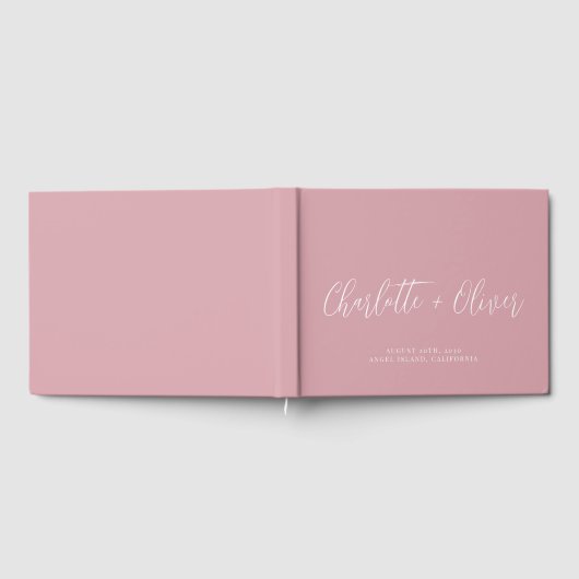 Minimalistisch gepersonaliseerd script roze bruilo gastenboek (Volledig)