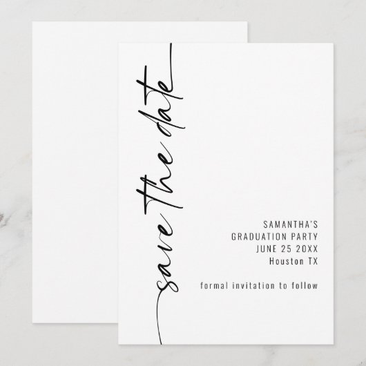 Minimalistisch geroteerd kalligrafie Afstuderen Save The Date (Voorkant / Achterkant)