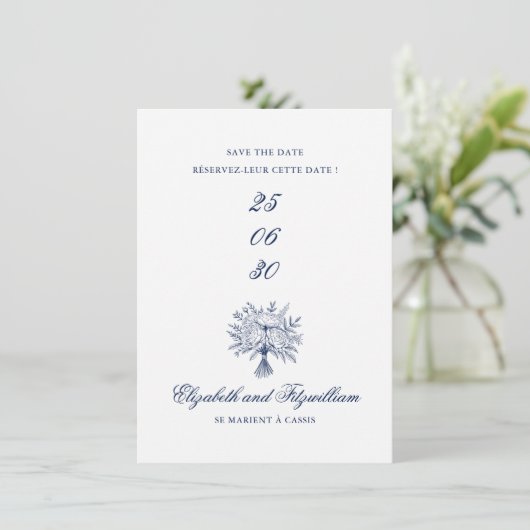 Minimalistisch geschetst bruidsboeket save the date (Staand voorkant)