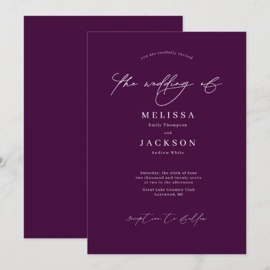 Minimalistisch geschrift Jewel Tone Paarse Wedding Kaart (Voorkant / Achterkant)