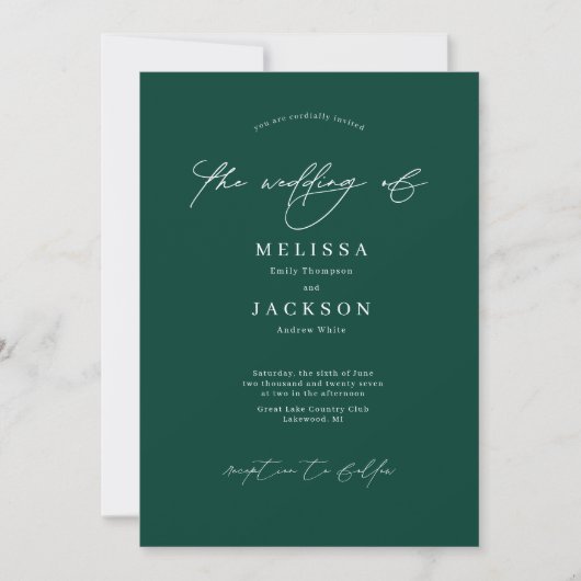 Minimalistisch gescripte Emeral Green Wedding Kaart (Voorkant)