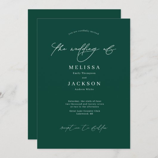 Minimalistisch gescripte Emeral Green Wedding Kaart (Voorkant / Achterkant)