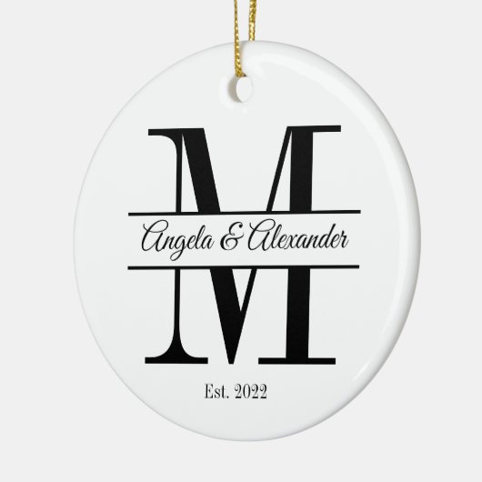 Minimalistisch gespleten monogram voor weddenschap keramisch ornament (Links)