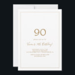 Minimalistisch Gold 90th Birthday Party Kaart<br><div class="desc">Deze minimalistische uitnodiging van het 90ste verjaardagsfeest is perfect voor een eenvoudig verjaardagsfeest. Het moderne romantische ontwerp kenmerkt klassieke gouden en witte typografie in combinatie met een roestachtige, maar elegante kalligrafie met , met de hand geschreven stijl. in elke kleur. Houd het ontwerp eenvoudig en elegant, zoals het is, of...</div>