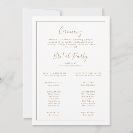 Minimalistisch Gold Eenvoudig Printbaar Trouwprogr Kaart (Achterkant)
