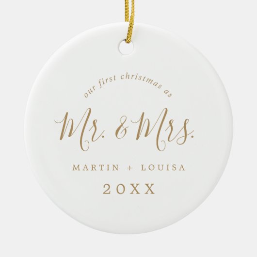 Minimalistisch Gold First Kerstbruiloft Foto Keramisch Ornament (Voorkant)