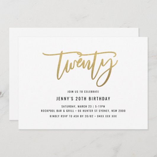 Minimalistisch Gold Foil 20th Birthday Invitation Kaart (Voorkant / Achterkant)