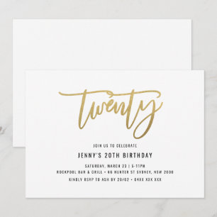 Minimalistisch Gold Foil 20th Birthday Invitation Kaart