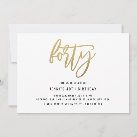 Minimalistisch Gold Foil 40th Birthday Invitation Kaart (Voorkant)