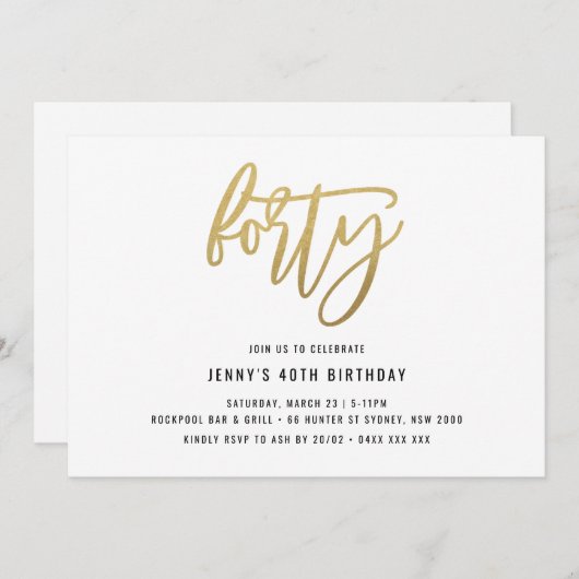 Minimalistisch Gold Foil 40th Birthday Invitation Kaart (Voorkant / Achterkant)