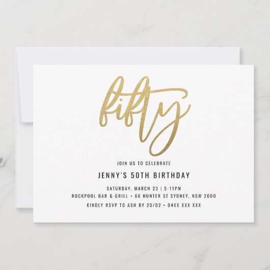 Minimalistisch Gold Foil 50th Birthday Invitation Kaart (Voorkant)