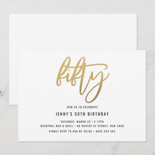 Minimalistisch Gold Foil 50th Birthday Invitation Kaart (Voorkant / Achterkant)