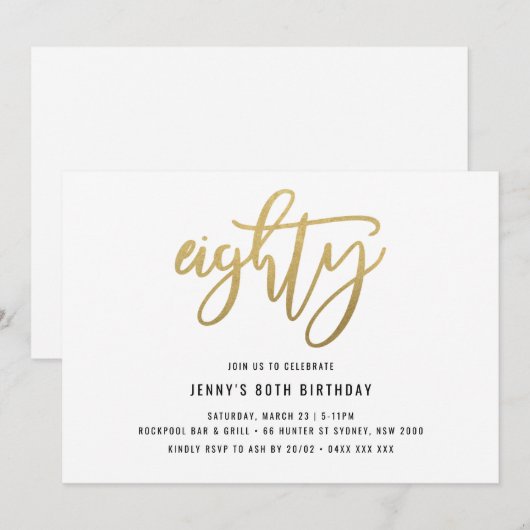 Minimalistisch Gold Foil 80th Birthday Invitation Kaart (Voorkant / Achterkant)
