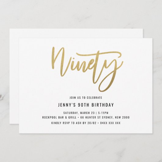 Minimalistisch Gold Foil 90th Birthday Invitation Kaart (Voorkant / Achterkant)