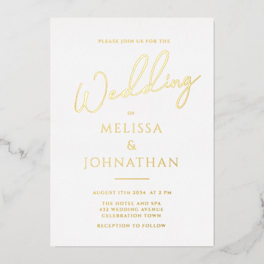 Minimalistisch Gold Foil Script Clean Elegant Wedd Folie Uitnodiging (Voorkant)