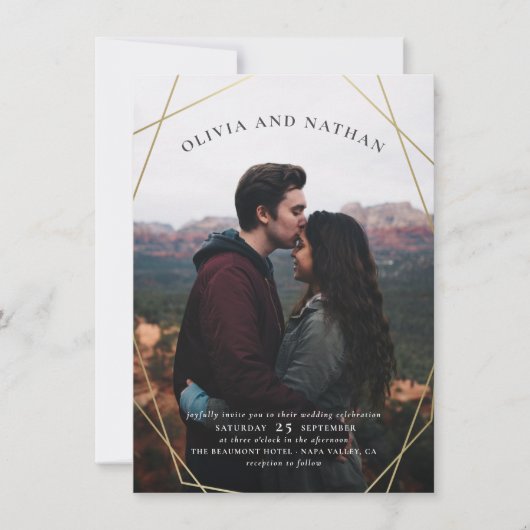 Minimalistisch Gold Geometric Custom Photo Wedding Kaart (Voorkant)