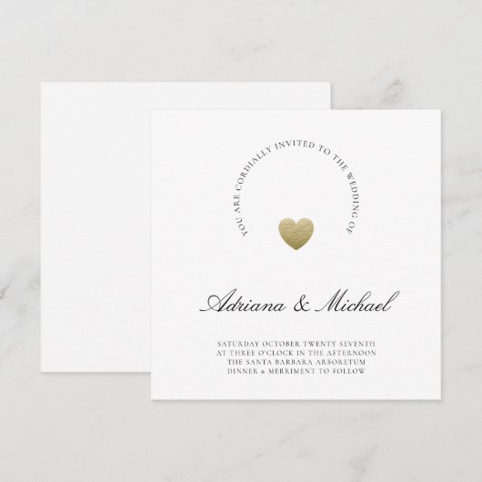 Minimalistisch Gold Heart Modern Script Wedding Kaart (Voorkant / Achterkant)