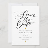 Minimalistisch Gold Hearts Black and White Script Save The Date (Voorkant)