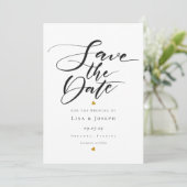 Minimalistisch Gold Hearts Black and White Script Save The Date (Staand voorkant)