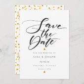 Minimalistisch Gold Hearts Black and White Script Save The Date (Voorkant / Achterkant)