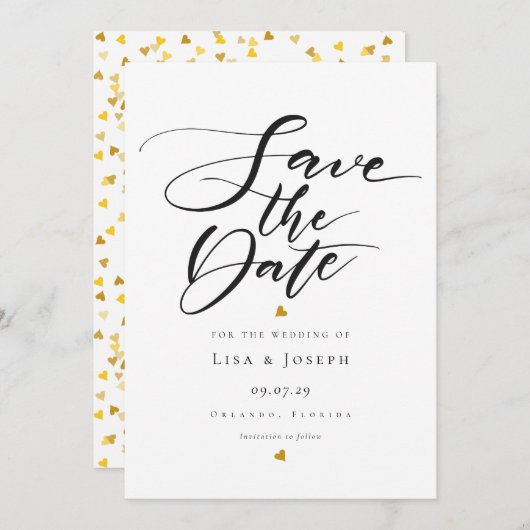 Minimalistisch Gold Hearts Black and White Script Save The Date (Voorkant / Achterkant)