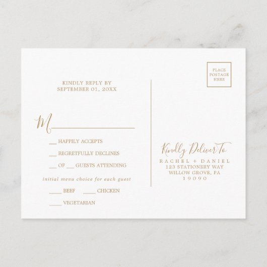 Minimalistisch Gold Menu Keuze RSVP-Briefkaart (Achterkant)