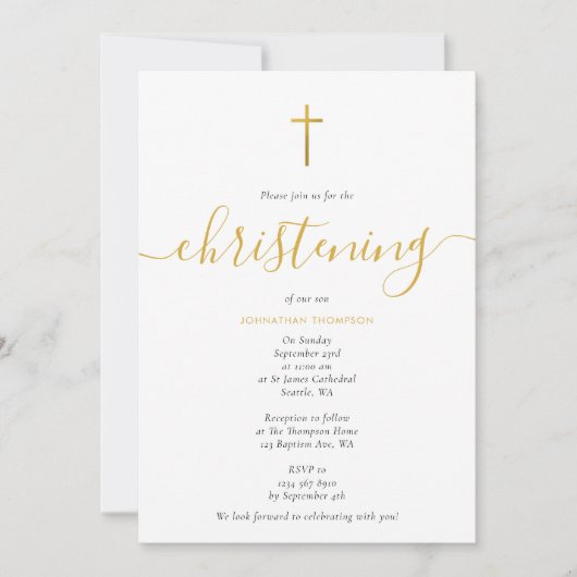 Minimalistisch Gold Script Baptisme Christening Kaart (Voorkant)