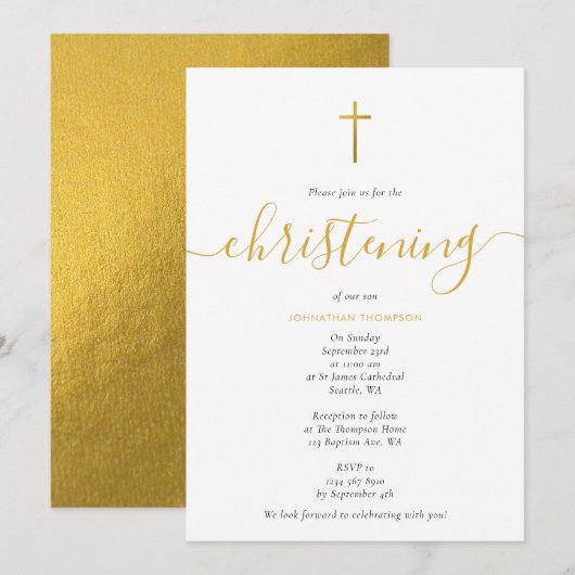 Minimalistisch Gold Script Baptisme Christening Kaart (Voorkant / Achterkant)