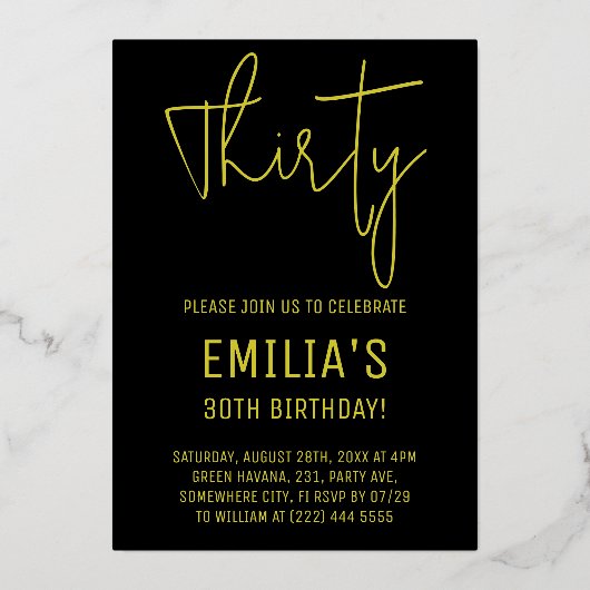 Minimalistisch Gold Script | Dertigste verjaardag Folie Uitnodiging (Voorkant)