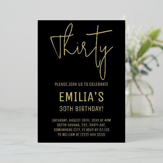 Minimalistisch Gold Script | Dertigste verjaardag Folie Uitnodiging (Staand Voorkant)