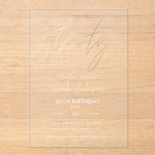 Minimalistisch goud Elegant Script 30e verjaardag Acryl Uitnodigingen (Voorkant)