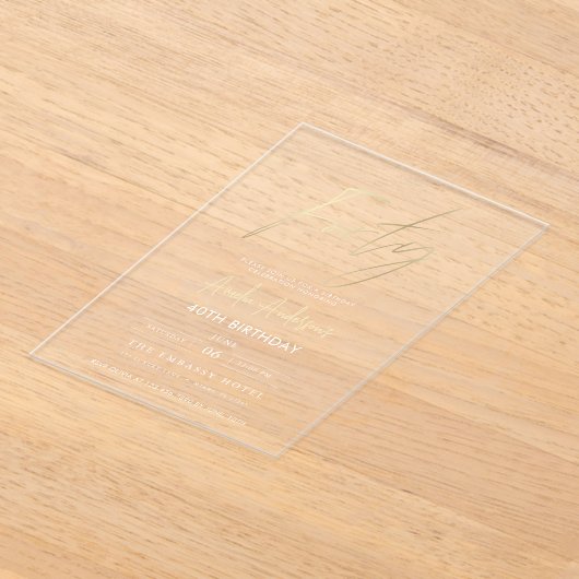 Minimalistisch goud Elegant Script 40e verjaardag Acryl Uitnodigingen (Laagn)