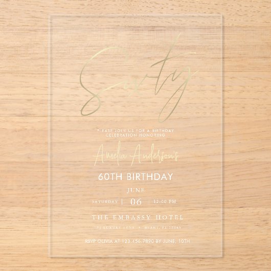 Minimalistisch goud Elegant Script 60e verjaardag Acryl Uitnodigingen (Voorkant)