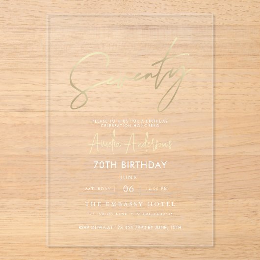 Minimalistisch goud Elegant Script 70e verjaardag Acryl Uitnodigingen (Voorkant)