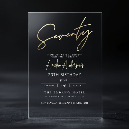 Minimalistisch goud Elegant Script 70e verjaardag Acryl Uitnodigingen