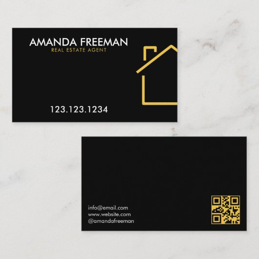 Minimalistisch goud en zwart huis overzicht onroer visitekaartje (Voorkant / Achterkant)