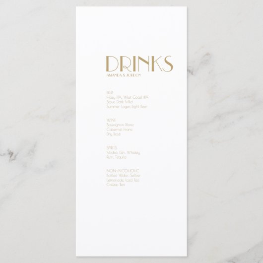 Minimalistisch Goud Modern Art Deco Bruiloft Drink Menu (Voorkant)