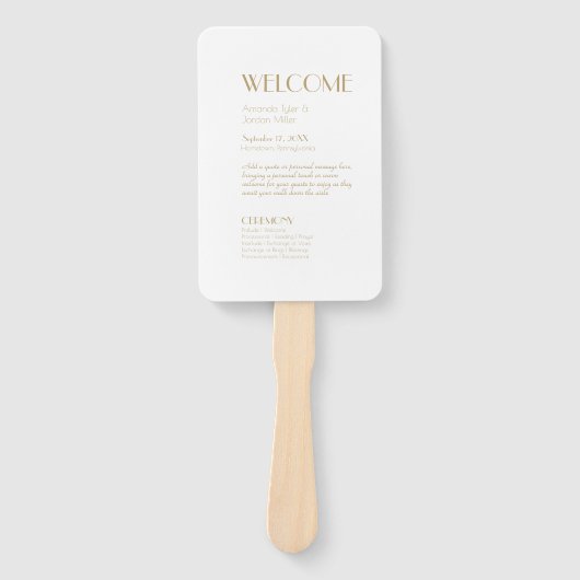 Minimalistisch Goud Modern Art Deco Trouwprogramma Handwaaier (Voorkant)