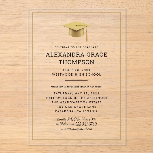 Minimalistisch Goud Wit Modern Afstuderen Acryl Uitnodigingen (Voorkant)