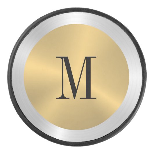Minimalistisch goud & zilver Metallic Monogram Hockey Puck (Voorkant)