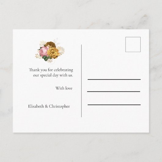 Minimalistisch goud zwart bloemenbruiloft dank u briefkaart (Achterkant)