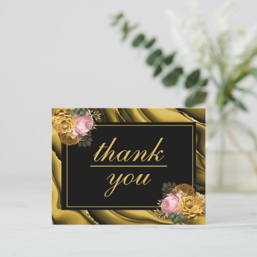 Minimalistisch goud zwart bloemenbruiloft dank u briefkaart (Staand voorkant)