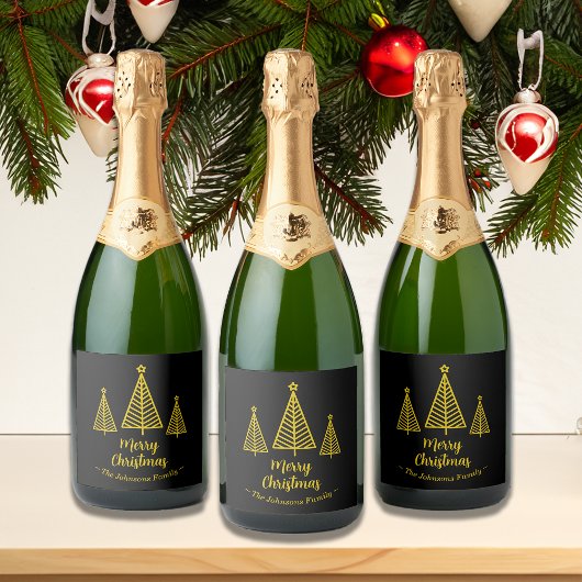 Minimalistisch Goud Zwart Vrolijk Kerstfeest Sparkling Wijnetiket