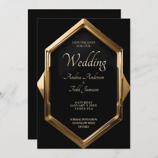 Minimalistisch gouden lijst tegen zwarte achtergro save the date (Voorkant / Achterkant)