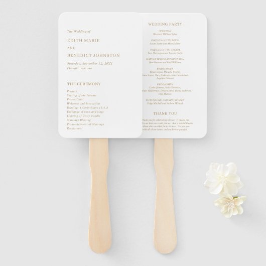 Minimalistisch gouden modern huwelijksprogramma handwaaier (Voorkant en achterkant)