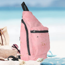 Minimalistisch gouden monogram zalmroze vliegtuig sling bag