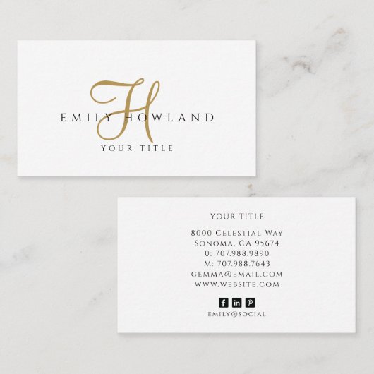 Minimalistisch gouden script monogram naam visitekaartje (Voorkant / Achterkant)